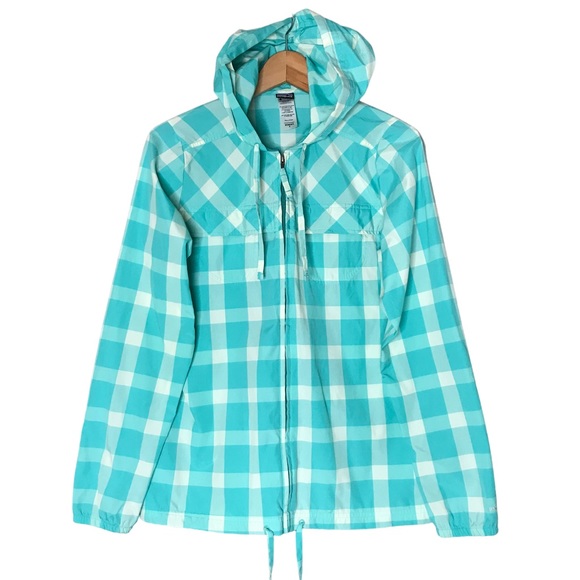 Women's Small Patagonia Check Gingham Shell Jacket Coat Aqua Cream Windbreaker - Picture 1 of 11